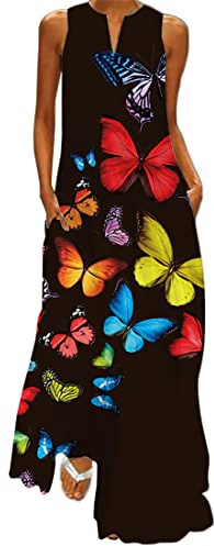 WINKEEY Damen Maxikleid Schmetterling Blumen Drucken V-Ausschnitt Böhmischer Plus Size Sommerlanges Kleid mit Taschen