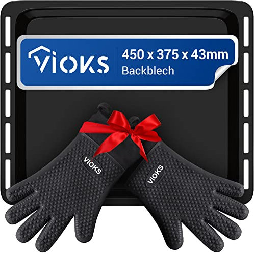 VIOKS SET Email Backblech Tief 450x375x43mm Ersatz für Whirlpool Backblech Hoch 481010657928 & 2x Silikon Grillhandschuhe Hitzebeständig für BBQ