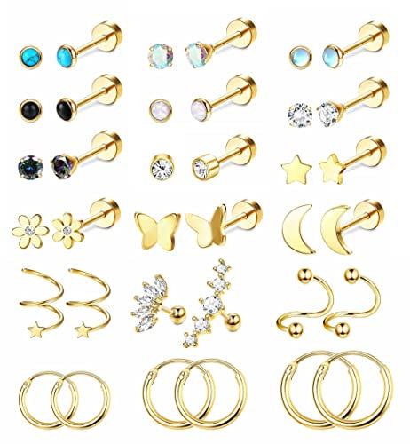 FIOROYAL 18 Paar Piercing Ohr 18G Helix Piercings Chirurgenstahl für Damen Stern Mond Opal Medizinische Ohrstecker Kleine Creolen Knorpel Ohrringe Helix Tragus Piercing Set Gold