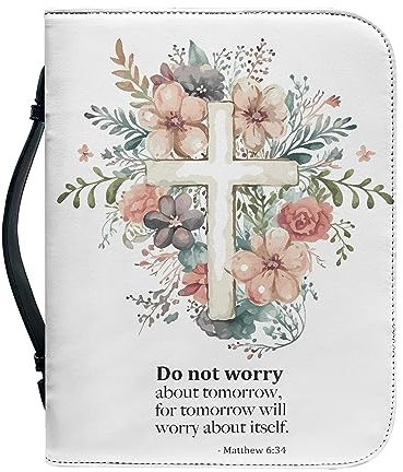 Vodetik Custodia per bibbia da donna, con motivo floreale, con croce e manici, con cerniera, ideale come regalo per la Bibbia cattolica e cristiana