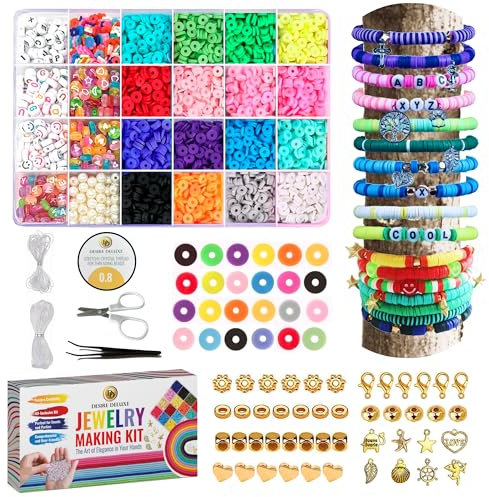 Desire - Deluxe Bracelet Necklace Making Kit - Clay Beads Friendship Jewellery - Letters and Crafts Making Kit - Elastic Rubber Pendants for Girls (6084 pieces)