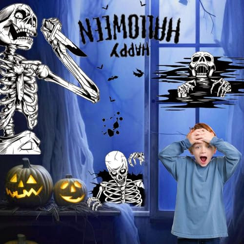 Figarge Halloween Fenster Sticker Weiß Schädel Fenster Aufkleber Wiederverwendbar Halloween Fensterdeko Selbstklebende Abnehmbare Aufkleber für Halloween Party(2 Stück)