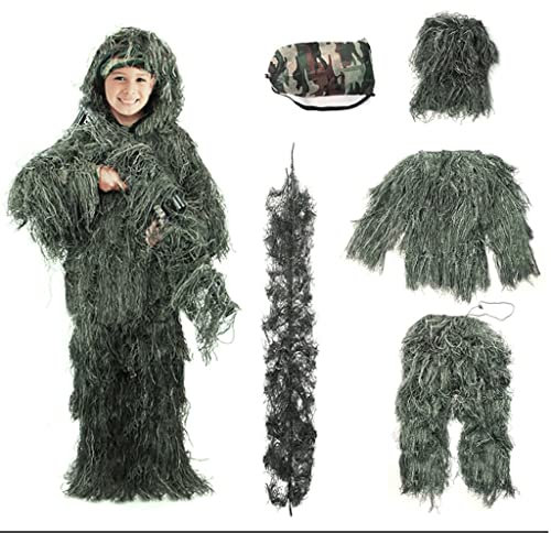 Tarnanzug Dschungel Ghillie Suit, Wald Ghillie Suit, 3D Atmungsaktives Taktisches, Tarnkleidung Jagd Paintball Airsoft Sniper Camouflage Set 4-Teilig für Kind Und Erwachsene A,130
