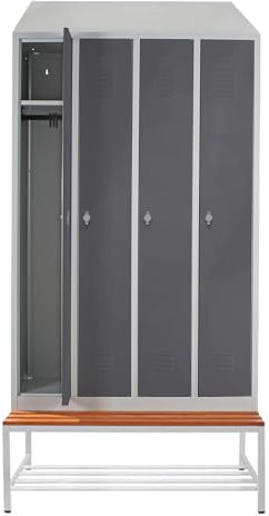 Schrank & Stuhl Spind – Metallspind mit 4 Abteilen, Sitzbank mit Schuhrost & Schrägdach - 30cm Abteilbreite, 240 x 117 x 80cm, Schließfachschrank mit Hutboden & Drehriegelverschlüssen, Grau/Anthrazit