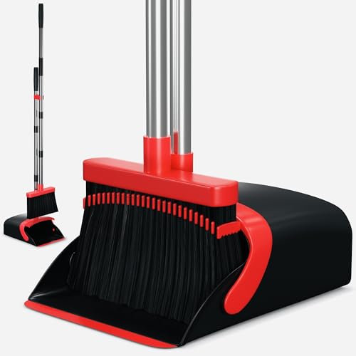 Long Handle Broom and Dustpan Set for Floor Cleaning, Broom and Dustpan for Home,Kitchen, Lobby, Office, Indoor & Outdoor Sweeping, Adjustable Lenght Handle, No More Bending. (Black-Red)