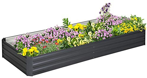 Outsunny Hochbeet Stahl, Pflanzbeet Frühbeet Gartenbeet Blumenkasten steckbar, Pflanzkasten Pflanzkübel Gemüsebeet 241x90,5x30cm für Garten Terrasse, für Blumen, Pflanzen, Obst, Gemüse, Grau