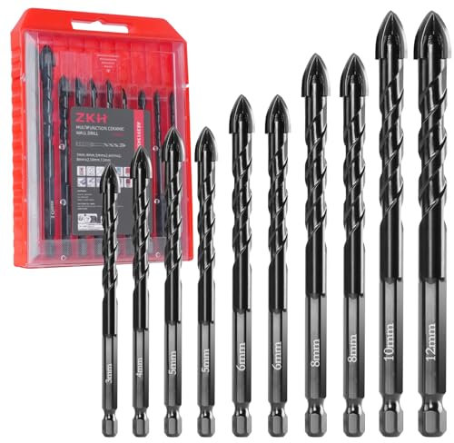 ZKH Foret Carrelage,10 Pièces Set de Meche Carrelage Ø 3-12mm, Foret Verre avec 4 Tranchants Pointe en Carbure pour Béton, Carrelage Céramique, Mur de Briques, Miroir Mural, Verre, Plastique, Bois