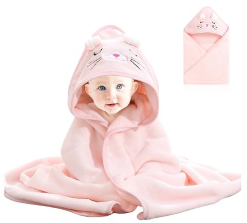 Ceihwa Toalla Bebe con Capucha Niño y Niña Toalla Bebe Recien Nacido Suave y Absorbente Albornoz Bebe 80x80 cm Toallas de Baño Infantiles Toallas Ducha Bebe Capa de Baño Bebe Algodon -Gato Rosa