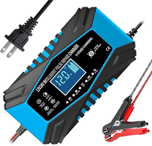 TEISQI Autobatterie-Ladegerät, 12 V und 24 V, intelligentes vollautomatisches Erhaltungsladegerät mit Temperaturkompensation für LKW, Motorrad, Rasenmäher, Boot, Marine, Blei-Säure-Batterien (blau)