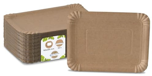 BIOZOYG Assiette en carton carrée 50 pièces I Assiette à snack de couleur naturelle biodégradable I Bol en papier à frites 16 x 23 cm rectangulaire