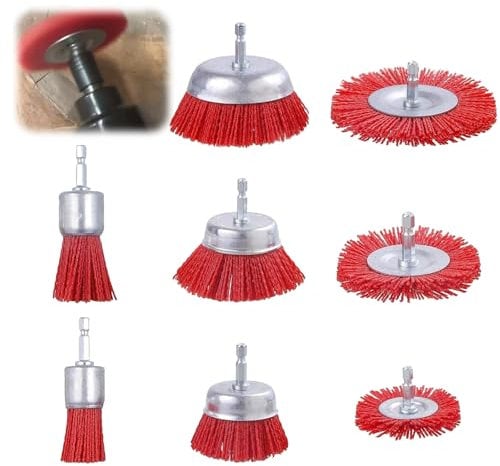 Nylonbürte 8 Stück ,mit 1/4 Zoll Sechskantschaft Schleifaufsatz für Bohrmaschine,8 Größen Nylon-Bohrbürsten- zum Entfernen von Rostkorrosionsfarbe Schleifdraht,Schleifbürstenset