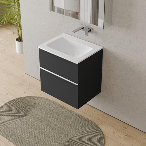BERNSTEIN Badmöbel-Set Lavoa, Waschtisch-Unterschrank mit Waschbecken 80cm in Anthrazit - CREAM - Weiß matt ohne Hahnloch - 2 Schubladen, Griffe in Chrom, 5 Jahre Garantie