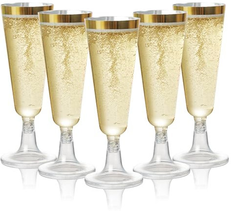 MATANA 48 Flûtes à Champagne en Plastique Réutilisables Premium avec Bord Doré, 150ml - Verres à Champagne, Coupes de Champagne pour Mariages, Anniversaires & Fêtes