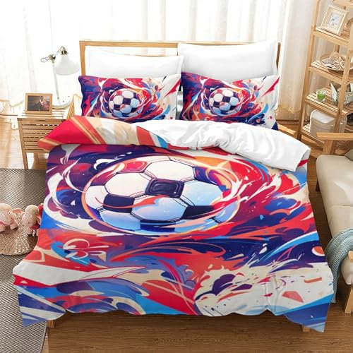 BSTELA9IE Fußball 3D Gedruckt Blätter Aesthetic 3 Teilig Bettbezug-Sets Mit Kissenbezug Soft Microfaser Luxus Modern Mit Reißverschluss Für Erwachsene Und Kinder Single（140x200cm）