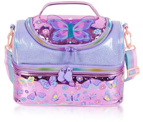 PinkSheep Lunchtasche Kinder, Kühltasche mit Zwei Fächern und Abnehmbarer Verstellbarer Kinder Lunchpaket Kindergarten Tasche Mädchen Junge Lunchboxen (Lila Schmetterling)