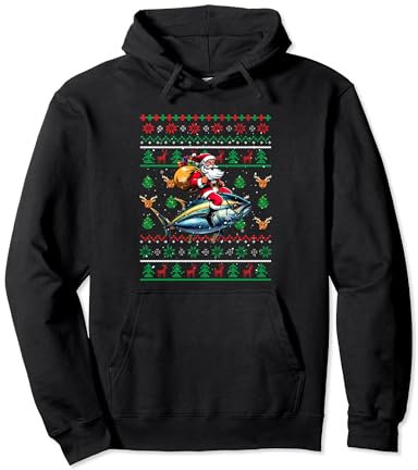 Weihnachtsmann reitet Thunfisch Weihnachtspullover Angeln Fischer Pullover Hoodie