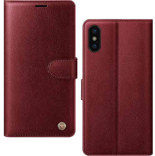 AIMOYU for iPhone X, iPhone XS Case, Flip Wallet Leather Phone Case with [4 Card Slots] [Kickstand] [RFID Blocking] Magnetic Protective Shockproof Cover for iPhone X/XS Phone Case - Wine Red