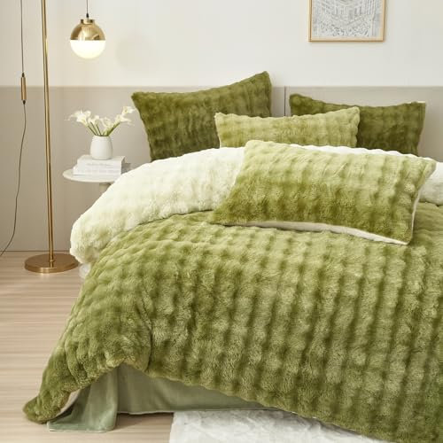 Luowei Plüsch Bettwäsche 135x200 Warm Winter Farbverlauf Grün Kuschelige Flauschig Fleece Bettwäsche Luxus Wende Bettbezug mit Reißverschluss und Kissenbezug 80x80cm
