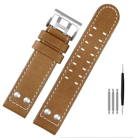 EAMOM Für Hamilton Khaki Aviation Uhr H77616533 H70615733 Uhrenarmband aus echtem Leder Jazz Field Herrenarmband 20 22 Militärstil(B khaki silver,22mm)