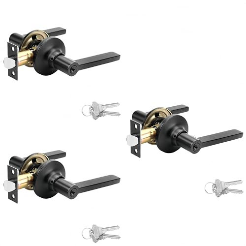 ANNFUZ Confezione da 3 maniglie per porta d'ingresso con chiavi, reversibile per lato destro e sinistro, serratura con chiavi, perfetta per uffici, porte anteriori e camere da letto, nero opaco