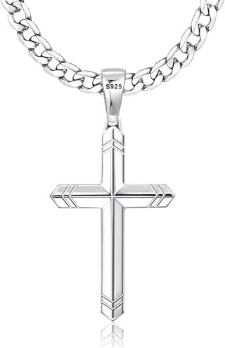 FIOROYAL Kreuz Kette Herren 925 Sterling Silber Kreuz Anhänger Halskette Für Herren Damenn 5MM Robuste Edelstahl Kubanische Kette mit Diamantschliff Silber Kreuz Anhänger Kreuz Kette Länge 16-30Zoll56