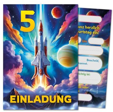 JuNa-Experten 12 Einladungskarten zum 5. Kindergeburtstag Jungen Jungs Mädchen Rakete coole bunte Einladungen fünfte Geburtstag Kinder Jungsgeburtstag Space Kinderparty Geburtstagseinladungen