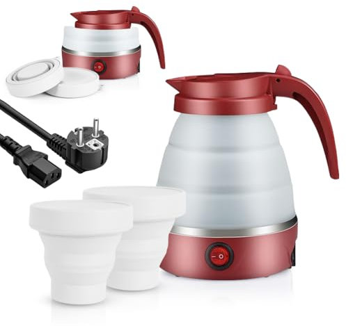 Faltbarer Wasserkocher, 600ml Camping Wasserkocher & 2 Faltbecher, Wohnmobil Gadgets, Reise Wasserkocher, Tragbarer Elektrischer Wasserkocher für Camping - Travel Kettle (Rot)