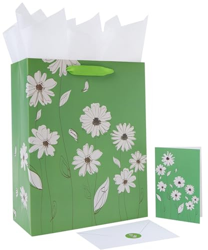 Geschenktüten-Set mit Griffen, Grußkarte, Seidenpapier und Aufklebern für Frauen, Mädchen, für Geburtstag, Hochzeit, Jahrestag und Muttertag, 33 cm, Grün, 1 Stück