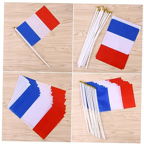 CAXUSD Mini Drapeaux Français à Main En Polyester 14 x 21 Cm Pour Événements Sportifs Et Projets Scolaires, Bâton Blanc Boule Dorée, Légers Et Portables