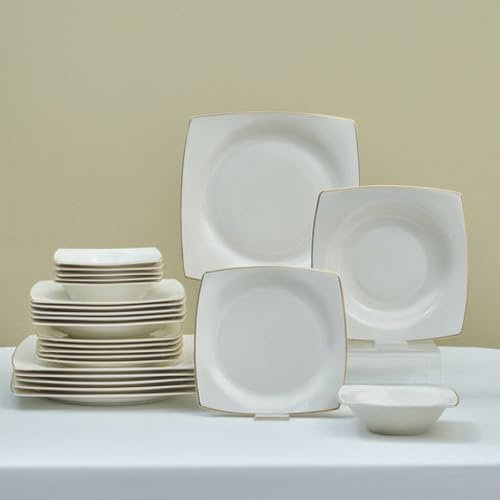 Karaca Square Mensa Service de table 24 pièces pour 6 personnes, élégantes assiettes carrées, vaisselle élégante en porcelaine blanche avec accents dorés
