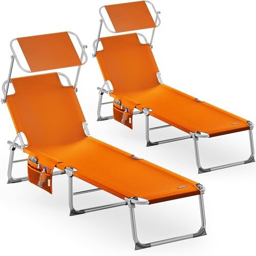 Casaria® 2er Set Sonnenliege Klappbar Wetterfest Gartenliege Mit Dach Seitentasche Tragegriff bis 150kg 190cm Aluminium 2 Personen Liegestuhl Orange