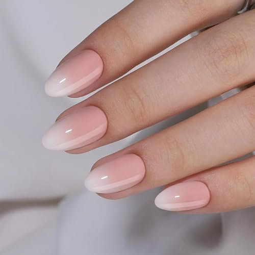 Ombre Press On Nails Short - Findigit False Nails with Glue, Almond Soft Gel Fake Nail in 16 Sizes, Natural Reusable Stick on Nails for Women - 32 Nail Kits Almond Cream Ombre