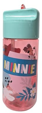 My sweety pop - Trinkflasche Kinder Kunststoff mit Strohhalm Minnie Mouse - 17 cm - Transparente Flasche für Schule, Sport, Ausflüge - Sicherer Verschluss - Transparent - Blau/Rosa