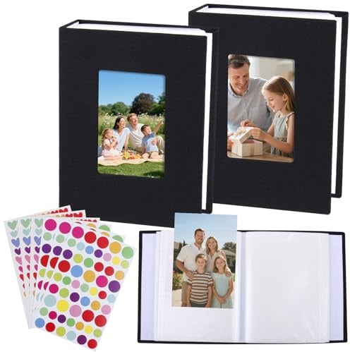 2 Stück Einsteckalbum 10x15 cm Leinen Cover, Fotoalbum für 100 Fotos Zum Einstecken,Mini Fotoalbum mit Fenster Photo Album für Familienfotos, Ideal für Reisen, Hochzeiten und Geburtstage (Schwarz)