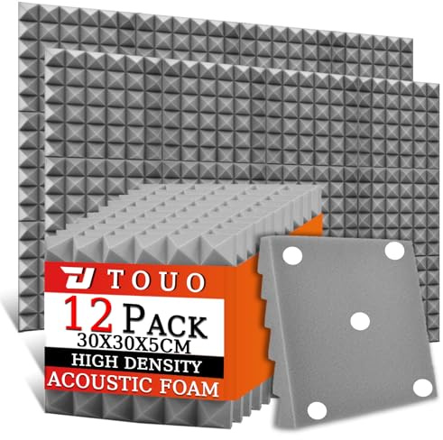 TOUO Akustikschaumstoffplatten, 30 x 30 x 5 cm, schalldichte Pyramiden-Schallschutzplatten für Wände, hochdichte, feuerbeständige Schallschutz-Schaumstoffe für Studio-Wände und Decken, 12 Stück (grau)