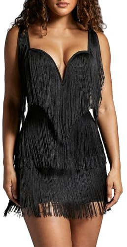 WDIRARA Women's Layered Fringe Sweetheart Neck Mini Dress Sleeveless Open Back Flapper Dress Black Large