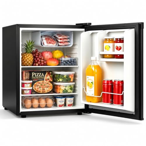 WELLENT Mini Fridge 46L, Table Top Fridge with Reversible Door & Chiller Box, 7-Level Adjustable Thermostat, Quiet Operation (43 dB), Perfect for Bedrooms, Offices and Student Rooms, Black