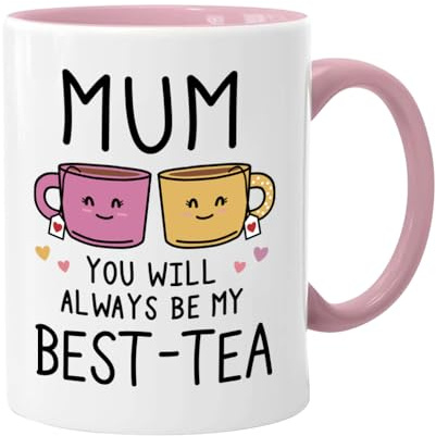 Hojalis Best-Tea Mum Mug, Playful Mother’s Day Gifts from Daughter Son Kids, Mums Birthday Presents, Christmas & Valentines Gift for Mum, Novelty Ceramic Tea Coffee Cup, 325ml (White+Pink)