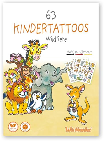 Lutz Mauder 63 Kinder Tattoos hautfreundlich Kindertattoos Wildtiere | Zoo, Safari, Giraffe, Elefant, Löwe Tattoo Kinder - Made in Germany, vegan, plastikfrei verpackt, BHT und talkumfrei