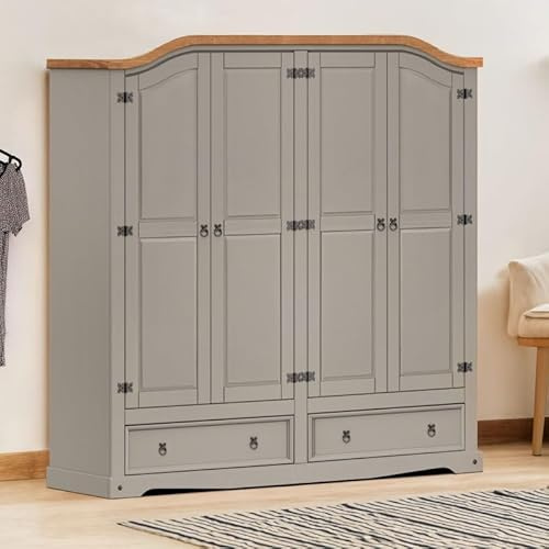 Corona Grey Wax 4 Door 2 Drawer Arch Top Wardrobe Solid Wood Pine Wooden Painted Bedroom Storage Large Robe Mexican Hanging Rail Shelves 190cm High 191cm Wide 51cm Deep