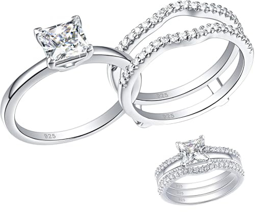 SHELOVES 925 Sterling Silver Solitaire Princess CZ Engagement Rings Set