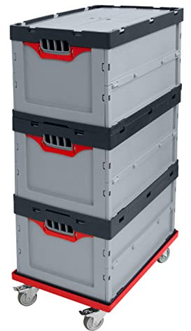 Auer Faltbox 3er Set FBD 64/27 mit Klappdeckel und rotem Rollwagen 60x40x27cm, 56L | Eurobehälter Lagerkiste Lebensmittelbox Kunststoffbox Vorratsbehälter Transportbox Stapelbox