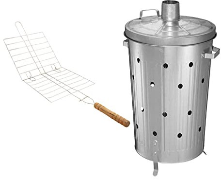 JMS we create smile (𝐒𝐞𝐭 𝐨𝐟 𝟐) BBQ Set Barbeque Grill + 75 Litre 75L Extra Large Galvanised Metal Incinerator Recycle Garden Rubbish Fire Burning Bin Leaves Wood Burner