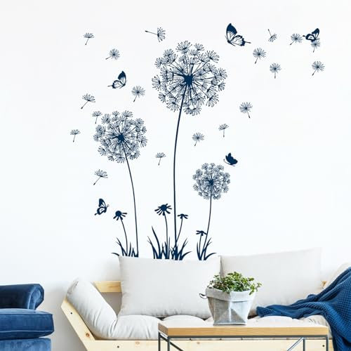 Tanlaby Blauer Löwenzahn Wandsticker Blumen Wandtattoo Pusteblume Schmetterlinge Wandaufkleber für Wohnzimmer Schlafzimmer Büros Sofa Hintergrund Hause Wanddekoration