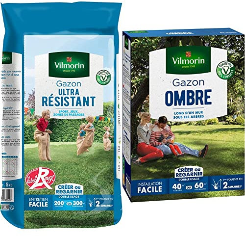 Vilmorin 4462416 Gazon Ultra Résistant, Vert, 5 kg & 4466514 Gazon Ombre, Vert, 1 kg