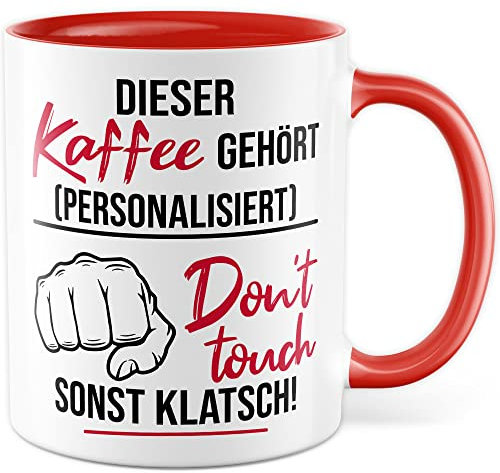 Tasse mit Spruch personalisiert lustige personalisierbare Kaffeetasse mit Wunschname Kaffee-Becher anpassbar Custom Geschenk persönliche Geschenkidee Büro Kollegen Humor (Weiß/Rot)