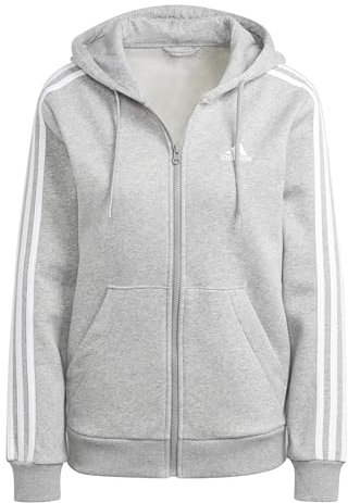 adidas Donna Essentials 3-Stripes Full-Zip Fleece Hoodie, Medium Grey Heather/White, S