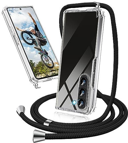 Handykette Hülle für Samsung Galaxy Z Fold 5 Hülle mit Band,Transparent Necklace Handyhülle Samsung Galaxy Z Fold 5 mit Kette mit Kordel zumUmhängen Ultradünn Durchsichtig Schutzhülle Hülle (-Schwarz)