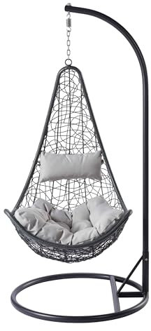 Mirjan24 Hängesessel mit Gestell und Kissen Boho, Outdoor Hängestuhl Hängekorb Hängesitz Stahlskelett (Grau/Grau)