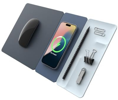 POUT H3 Split Max 3-in-1 Wireless Charging Mouse Pad – Fast Qi Charger, Mousepad Mat, and Magnetic Tray Organizer – Compatible with Smartphones and Earbuds (Pacific Blue)